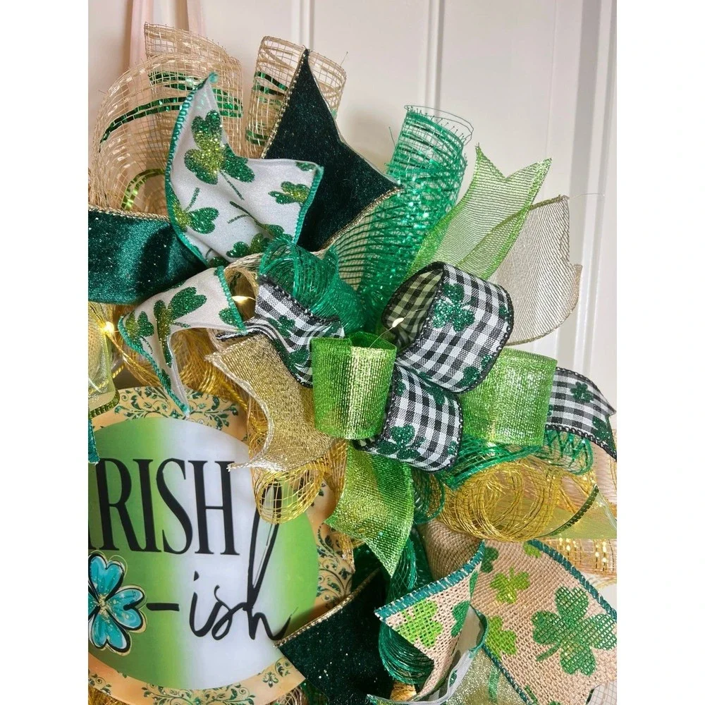 Handmade Irish-ish St. Patrick’s Day Ribbon Prelit Wreath 22 ins LED W10